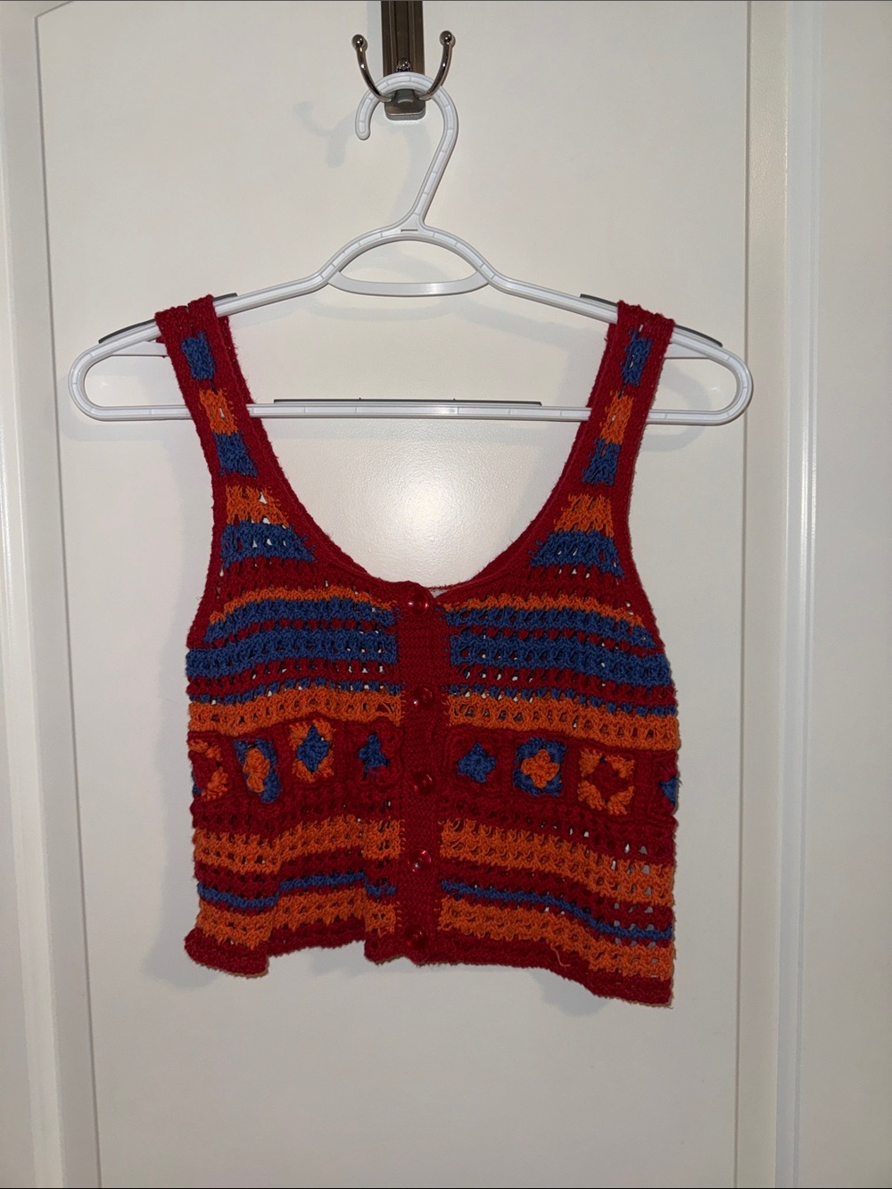 Zara Red Crochet Crop Top with Blue & Orange Stripes